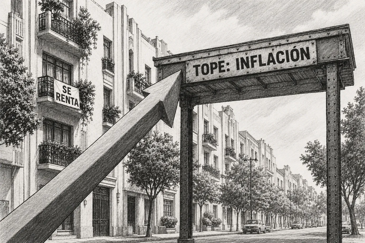 Una flecha de renta que sube choca contra un pórtico de hierro con el letrero TOPE: INFLACIÓN, en una calle de edificios art déco con un letrero SE RENTA