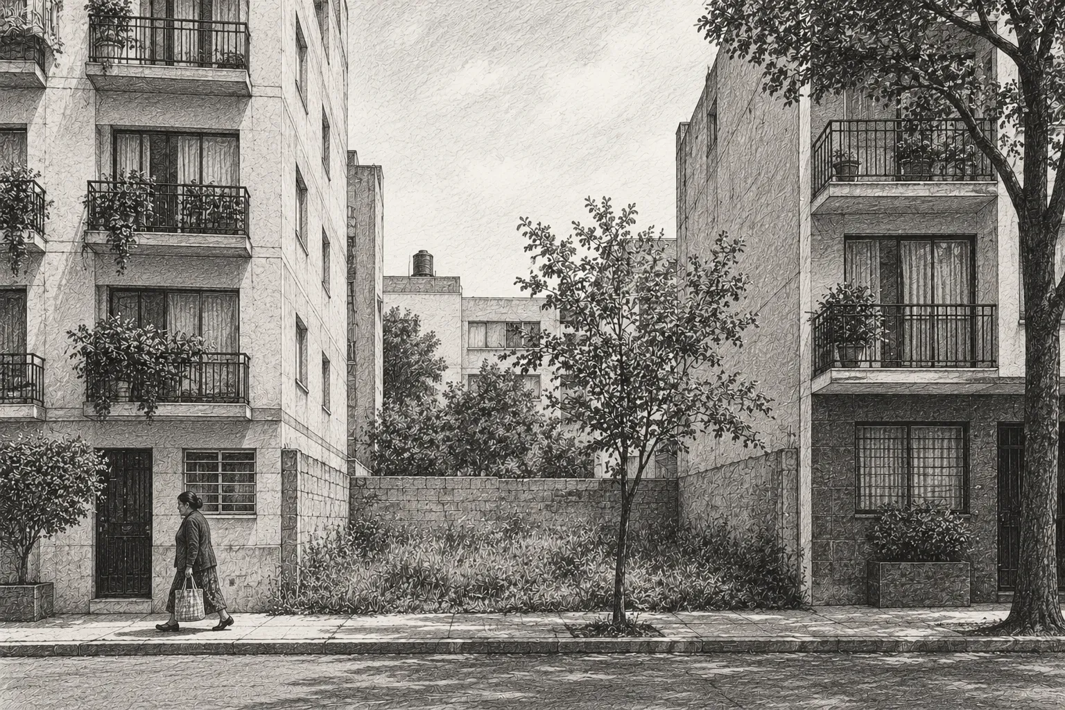 Una calle de la Ciudad de México con un terreno baldío entre dos edificios de departamentos, con pasto crecido y un árbol joven; una señora camina por la banqueta